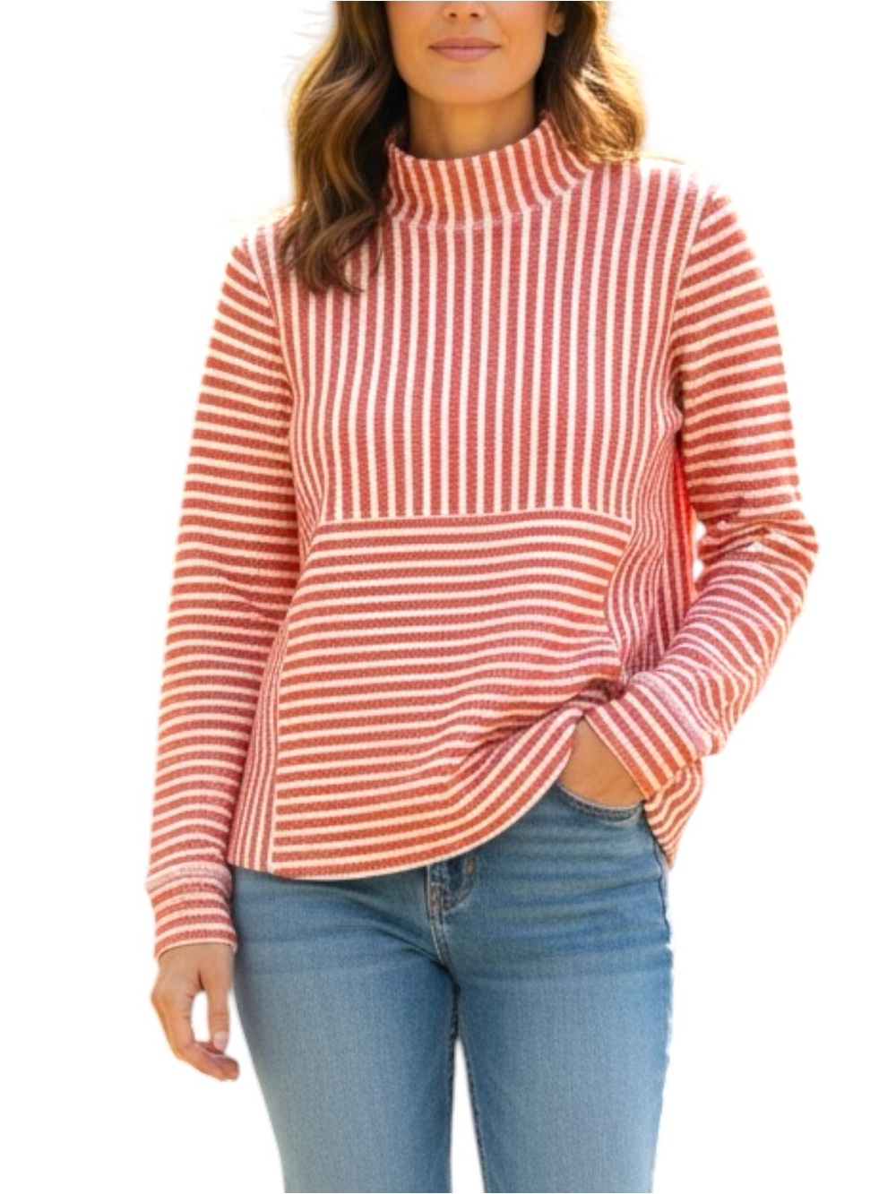 T by Talbots Sz MEDIUM Orange White Striped Funnel Neck Sweatshirt